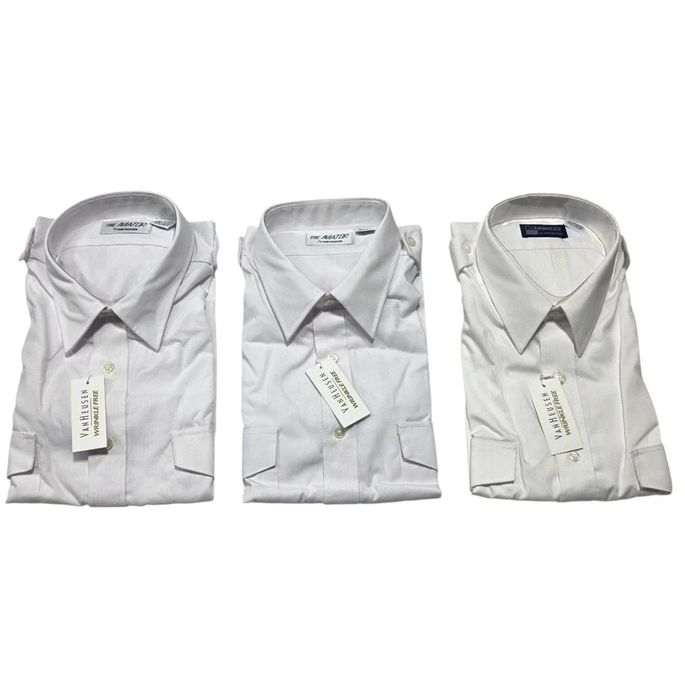 Van Heusen Pilot Shirt Mens 17.5 White Aviator Commander Uniform Epaulets Lot 3